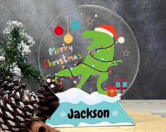 Personalised Christmas Dinosaur Free-Standing Acrylic Snow Globe