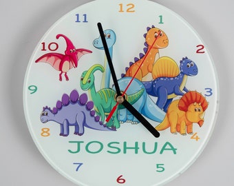 Personalised Dinosaur 20cm Large Glass Clock 24 different text  colour options