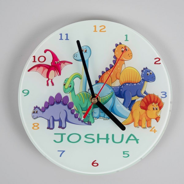 Personalised Dinosaur 20cm Large Glass Clock 24 different text  colour options