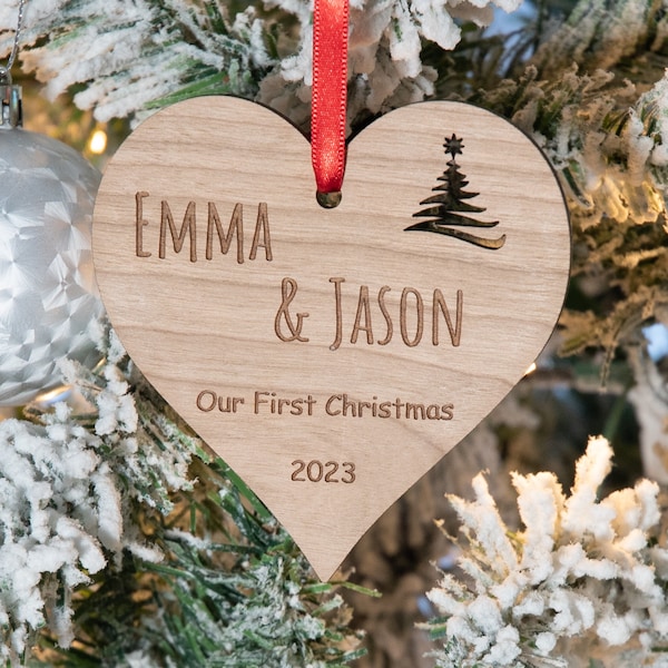 First Christmas as a Couple Wooden Heart Bauble, Personalised Xmas Decor, Customised Tree Ornament 2023