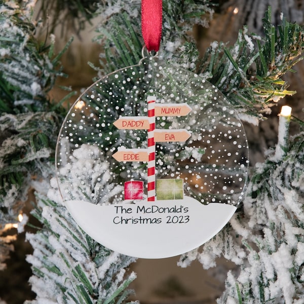 Personalised Stripy North Pole Family Acrylic Bauble Christmas Tree Ornament