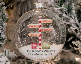 Personalised Stripy North Pole Family Glass Bauble Christmas Tree Ornament