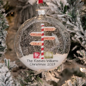 Personalised Stripy North Pole Family Glass Bauble Christmas Tree Ornament