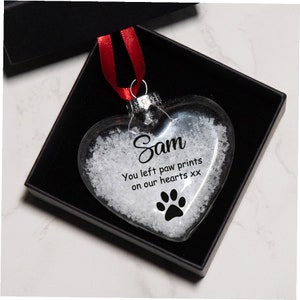 Personalised Pet Loss Remembrance Glass Heart Bauble Christmas Tree Decoration