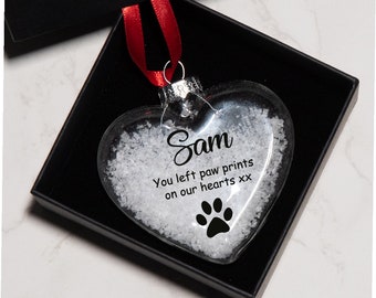 Personalised Pet Loss Remembrance Glass Heart Bauble Christmas Tree Decoration