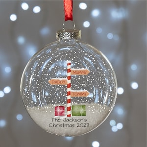 Personalised Stripy North Pole Family Glass Bauble Christmas Tree Ornament image 3