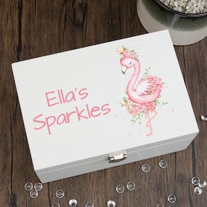 Personalised Pretty Flamingo Children&#39;s Wooden Jewellery Box With Mirror
