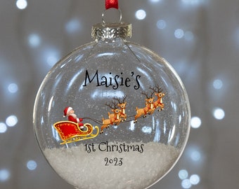 Santa's Sleigh Baby's 1st Christmas Round Glass Bauble Christmas Tree Decoration