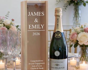 Personalised Engagement Couples Name and Date Design Wooden Bottle Box with Clear Acrylic or Wooden Front