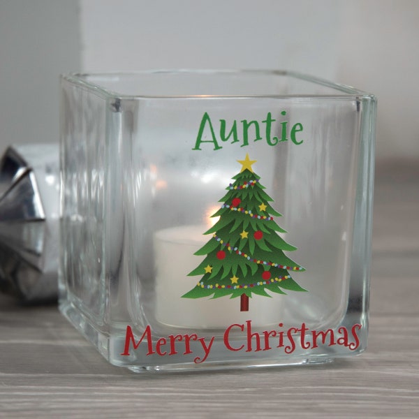 Personalised Christmas Tree Glass Tea Light Holder