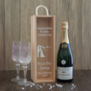 Personalised Bride and Groom Wooden Wine Bottle Box with Clear Acrylic or Wooden Front