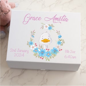 Può includere: Scatola portaoggetti bianca con una ghirlanda di fiori rosa e un'illustrazione di un anatroccolo. La scatola è personalizzata con i nomi "Grace Amelia" e la data "2nd January 2024". La scatola include anche il peso e l'ora di nascita del bambino: "8lb 2oz 6.40am".