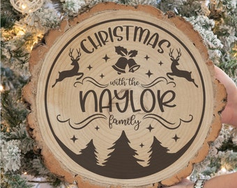 Personalised Christmas With The Family Tree Scene Wood Log Slice Decoration