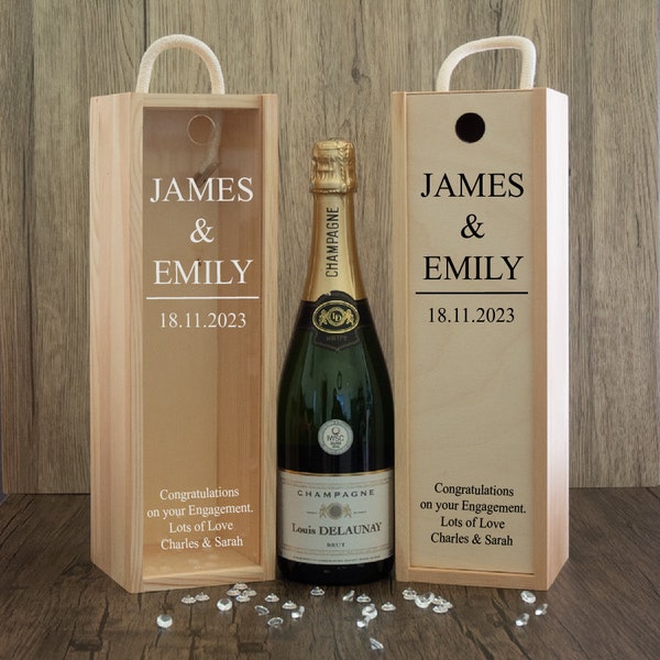 Personalised  Engagement Couples Name and Date Design Wooden  Bottle Box with Clear Acrylic or Wooden Front