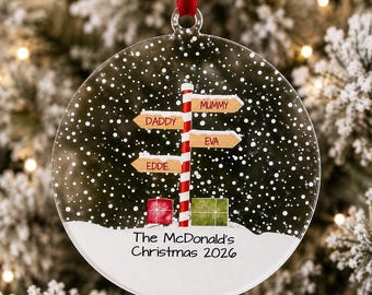 Personalised Stripy North Pole Family Acrylic Bauble Christmas Tree Ornament