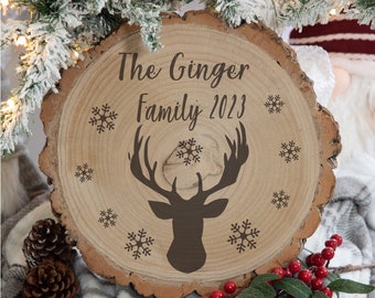 Personalised Reindeer Head Family Wood Log Slice Decoration