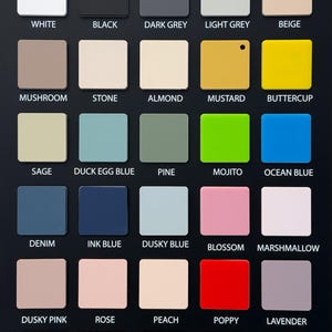 May include: A color chart displaying a variety of matt acrylic colors. The chart includes squares of colors such as white, black, dark grey, light grey, beige, mushroom, stone, almond, mustard, buttercup, sage, duck egg blue, pine, mojito, ocean blue, denim, ink blue, dusky blue, blossom, marshmallow, dusky pink, rose, peach, poppy, lavender, mulberry, ruby, burgundy, burnt orange, and toffee.