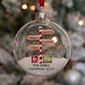 Personalised Stripy North Pole Family Glass Bauble Christmas Tree Ornament image 4