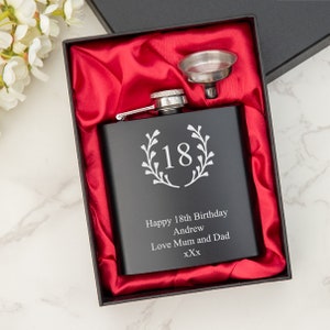 Personalised  Engraved Wreath Design Hip Flask, Birthday, Retirement gift. Available in 3 options with option of Gift box and funnel.