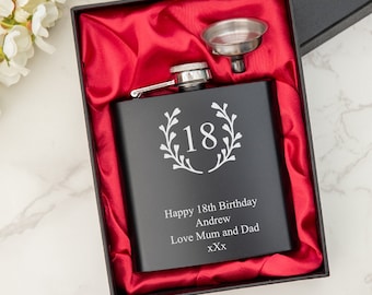 Engraved Wreath Hip Flask: Personalised Birthday, Retirement Gift, Wedding Keepsake