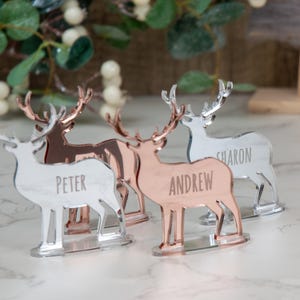 May include: Four decorative deer figurines in silver and rose gold. Each deer has a name engraved on its body: Peter, Andrew, and Sharon. The deer are standing on a clear base, and are likely used as place card holders.