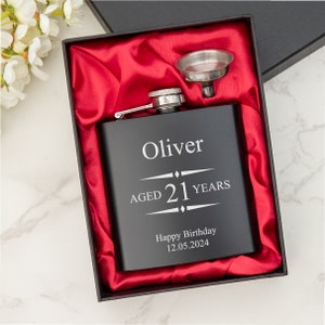 Personalised  Engraved Whisky label style Hip Flask, Birthday, Retirement gift. Available in 3 options with option of Gift box and funnel.