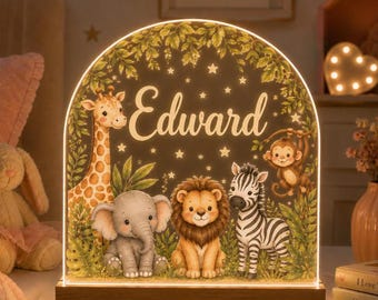Personalised  Night Light, Safari Animals, New Baby, 1st Birthday, Christening gift, Nursery Light