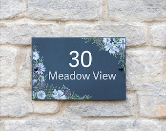 Meadow Flowers Slate House Sign, Custom Address Plaque, Personalised Home Number Plaque