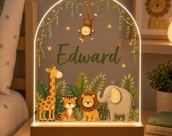 Personalised  Night Light, Jungle Animals, New Baby, 1st Birthday, Christening gift, Nursery Light
