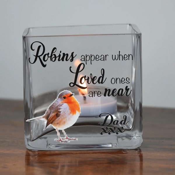 Personalised Robin Memorial Glass Tea Light Holder