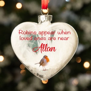 Personalised Robins Appear Feather Memorial Glass Heart Bauble Christmas Tree Decoration