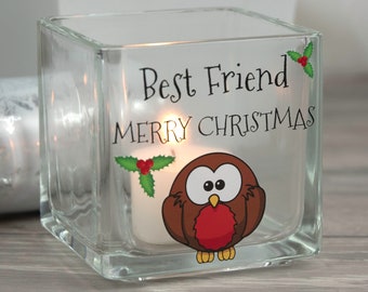 Portavelas de cristal con forma de petirrojo navideño personalizado