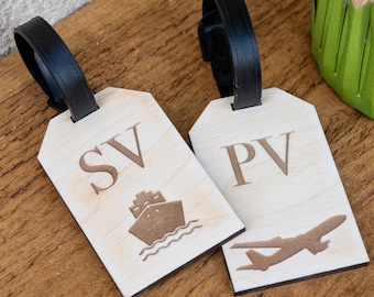 Personalised Travel Theme Initial Wooden Luggage Tag