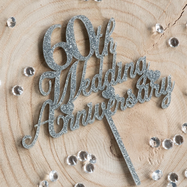 60th Wedding Anniversary Silver Glitter Acrylic cake topper image 1