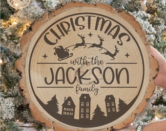 Personalised Christmas With The Street Scene Wood Log Slice Decoration