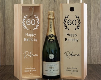 Personalised Happy Birthday ANY AGE Wooden Bottle Box with Clear Acrylic or Wooden Front