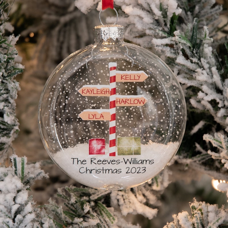 Personalised Stripy North Pole Family Glass Bauble Christmas Tree Ornament image 1