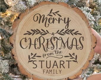 Personalised Merry Christmas From The Family Wood Log Slice Decoration