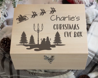 Personalised Snowman and Sleigh Engraved Christmas Eve Natural Wooden Box