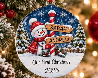 Personalised Our First Christmas Bauble | Snowman Couple Name Signpost | First Christmas Together Acrylic Decoration | Christmas Keepsake
