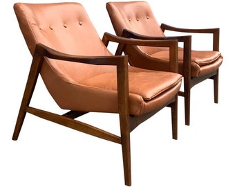 Modern Medellin Leather Mid-Century Style Lounge Chairs - a Pair