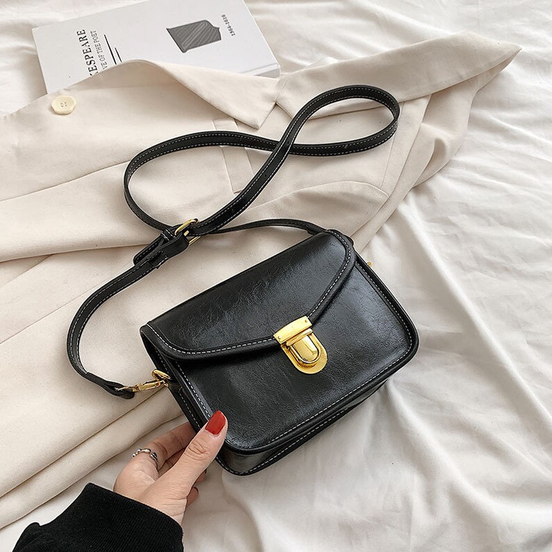 Mini Leather Bag, Leather Shoulder Bag, Crossbody Bag, Solid Color Bag, Phone Bag, PU Leather Bag, Vintage Square Bag, Minimalist Bag. BLACK