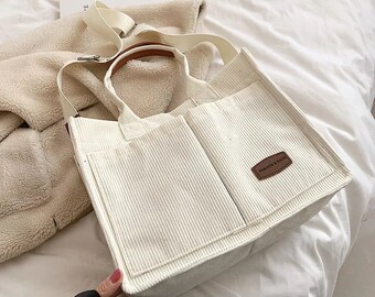 Multi pocket Tote Canvas Bag, Messenger Bag, Tote Bag Canvas, Shopping Bag, Crossbody Bags, Canvas Handbags, Corduroy Bag, Shoulder Bags