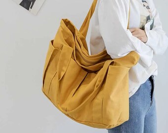 Lona de algodón Bolso básico con bolsillos grandes bolso diario Viaje Bolsillos grandes lavable Bolso bandolera para mujer bolso diario Eco Friendly