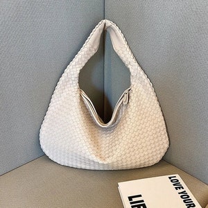 Sac hobo Sac à bandoulière tissé avec noeuds de luxe Grand sac en cuir pour elle Sac haut de gamme en cuir végétalien Grand sac à bandoulière en cuir entrelacé White