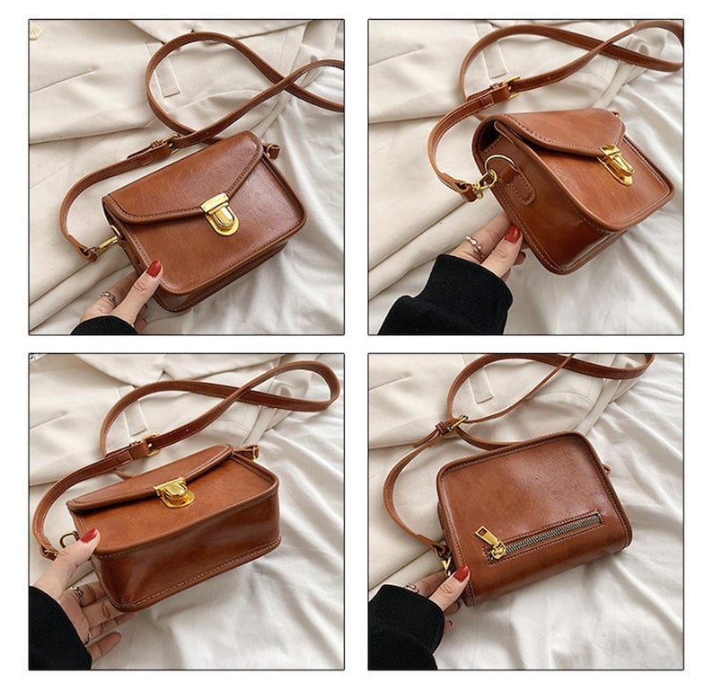 Mini Ledertasche, Leder Umhängetasche, Crossbody Tasche, einfarbige Tasche, Handytasche, PU-Ledertasche, Vintage quadratische Tasche, minimalistische Tasche. Bild 5