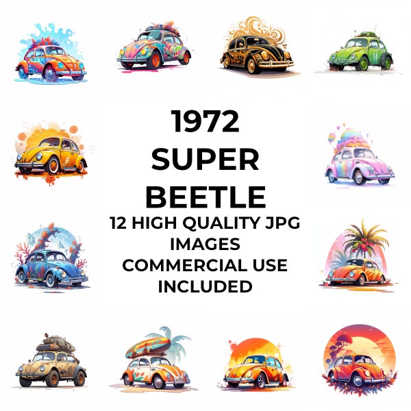 1972 Super Beetle Clipart, Retro Volkswagen Bug Illustration for Vintage Car Enthusiasts, Automotive jpg, Instant Download