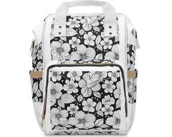 Blumen-Windel-Rucksack, Schwarz-Weiß-Blumen-Baby-Tasche, stilvolle Wickeltasche, Kindergarten-Organizer, große Reisetasche, Babyparty