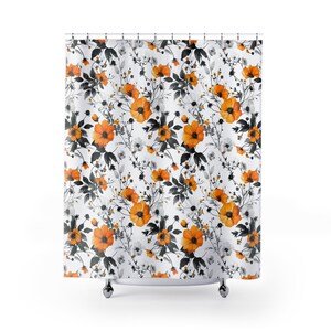 Floral Polyester Duschvorhang: Orange & Grau Botanischer Druck