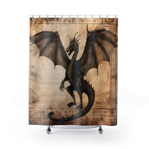 Dragon Map Polyester Shower Curtain: Fantasy Bathroom Decor